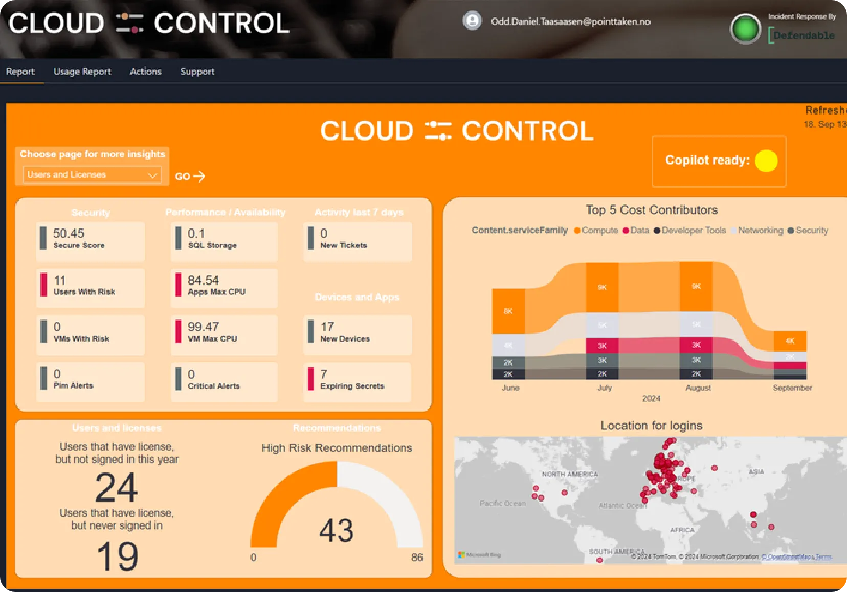 Dashboard interface displaying cloud control metrics, charts, and a world map.